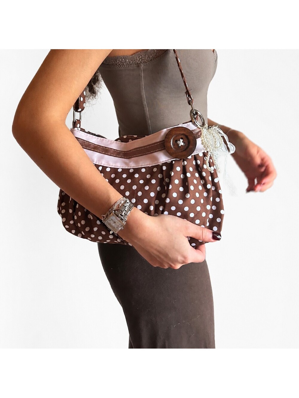Rotiqque Polka Dot Slouch Shoulder Bag Wooden Button Pleated Y2K Brown w/ Charm